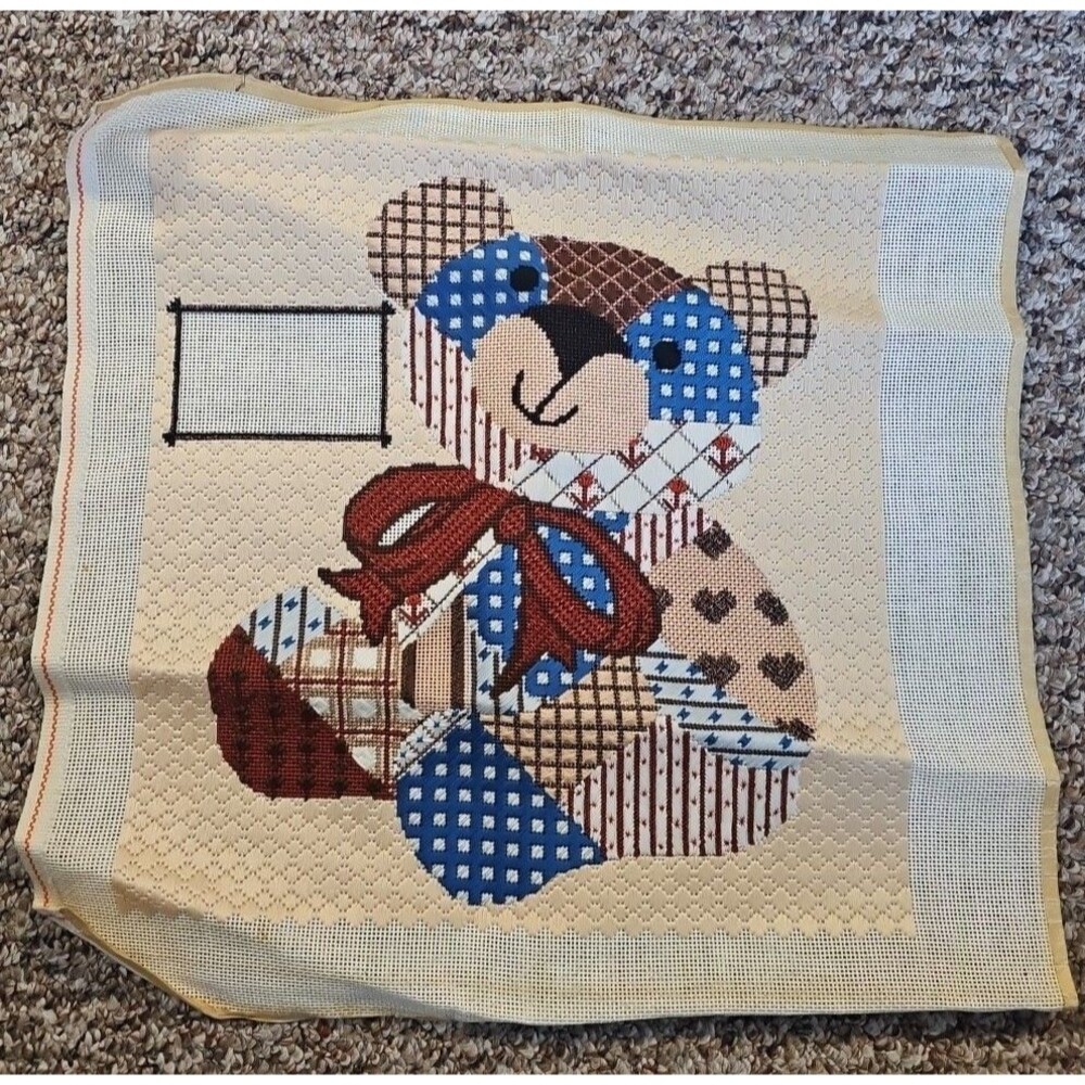 Teddy Bear Patchwork  Finished Needlepoint Canvas Happy Metallic Accents READ